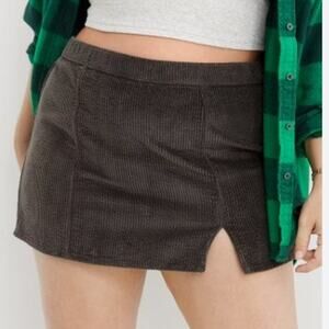 Aerie Gray Ribbed Corduroy Micro Mini Skirt Large Y2K Style Preppy Slit